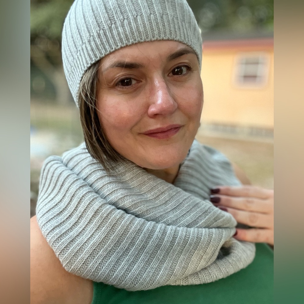CASHMERE 2 PIECE GRAY KNIT RIBBED INFINITY SCARF WOOL HAT CAP WINTER BEANIE